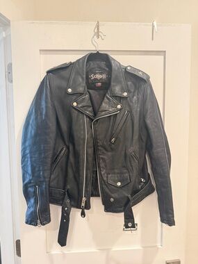 Schott NYC Black Leather Motorcycle Jacket with Belt